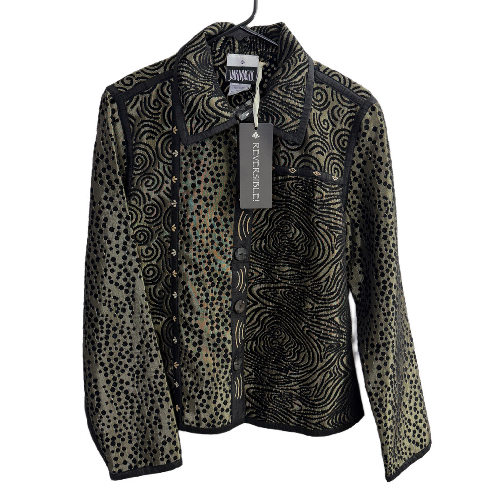 Yak Magik Jacket Womens Medium Gold MIxed Print Button Up Reversible Art NWT